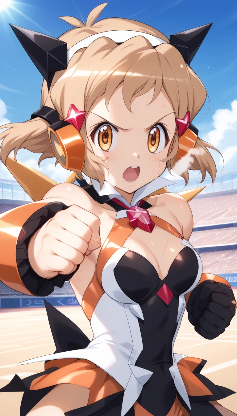  top quality ,  soft light during the cruise,  super high res, cute, Beautiful face in every detail , high resolution details of human skin texture, shiny skin,sweat,Heat, white breath ,Take a deep breath,Hibiki Tachibana,Brown Hair,Short Hair, battle costume,Outdoor Arena,sunlight, serious eyes,Ready,Big eyes, Symphogear ,armed gear , open mouth ,fist