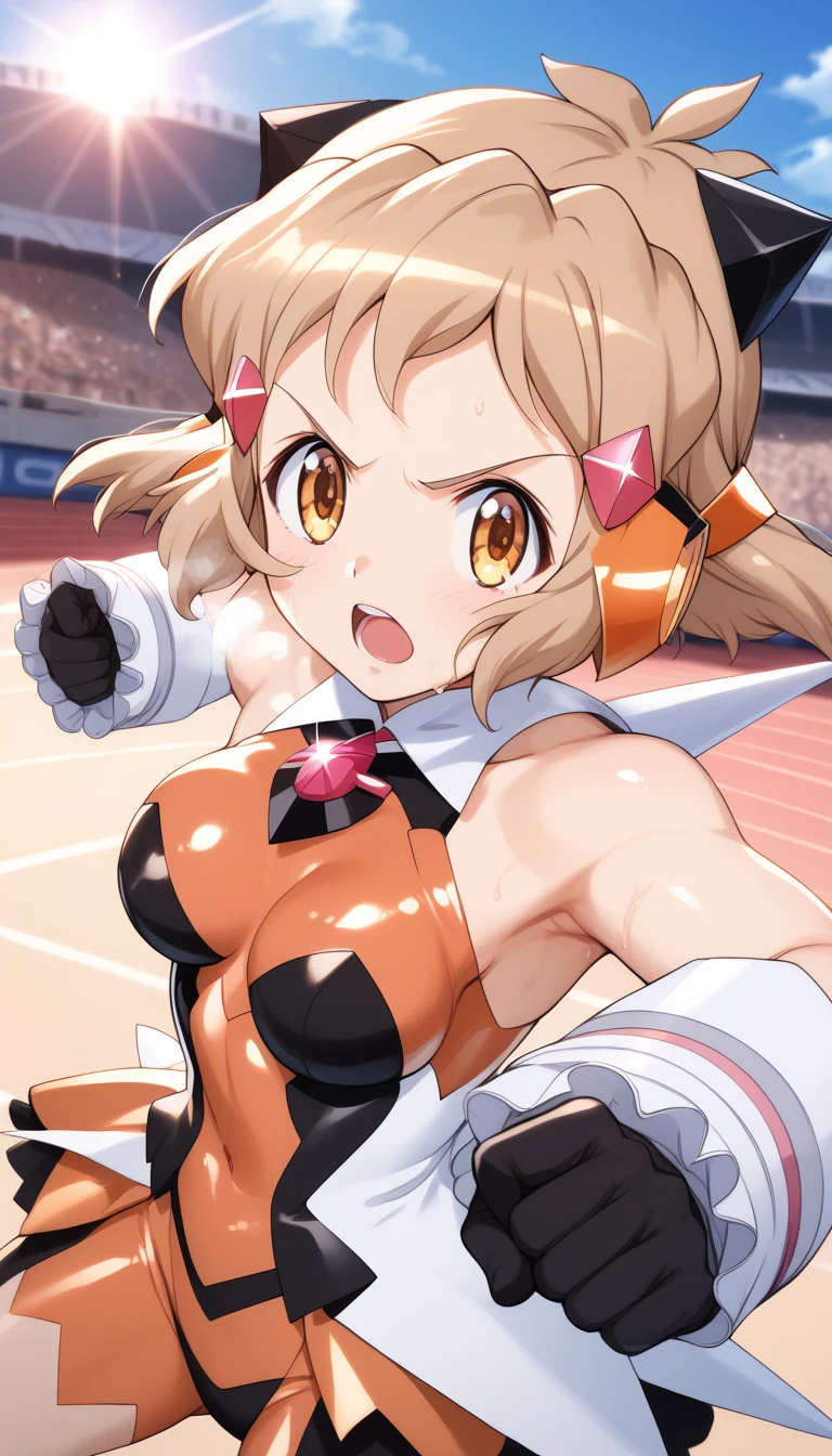  top quality ,  soft light during the cruise,  super high res, cute, Beautiful face in every detail , high resolution details of human skin texture, shiny skin,sweat,Heat, white breath ,Take a deep breath,Hibiki Tachibana,Brown Hair,Short Hair, battle costume,Outdoor Arena,sunlight, serious eyes,Ready,Big eyes, Symphogear ,armed gear , open mouth ,fist