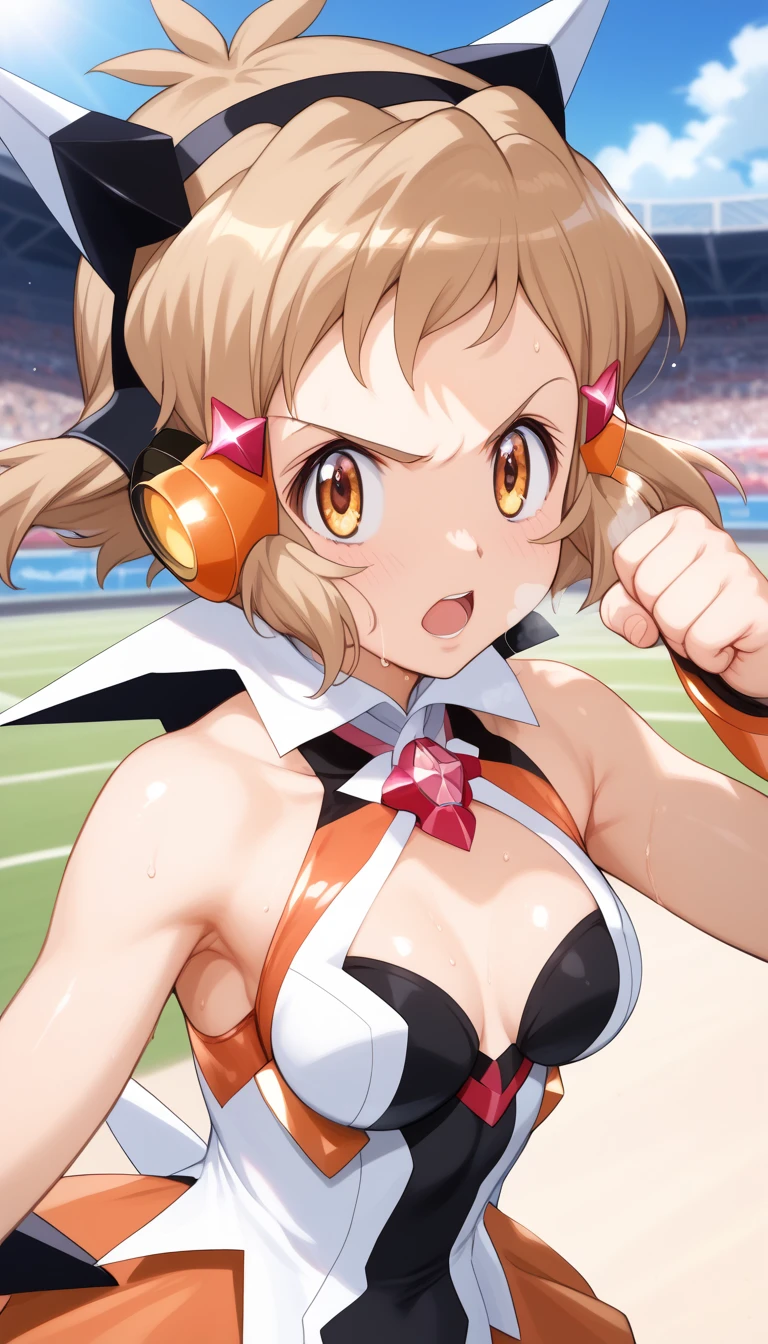  top quality ,  soft light during the cruise,  super high res, cute, Beautiful face in every detail , high resolution details of human skin texture, shiny skin,sweat,Heat, white breath ,Take a deep breath,Hibiki Tachibana,Brown Hair,Short Hair, battle costume,Outdoor Arena,sunlight, serious eyes,Ready,Big eyes, Symphogear ,armed gear , open mouth ,fist