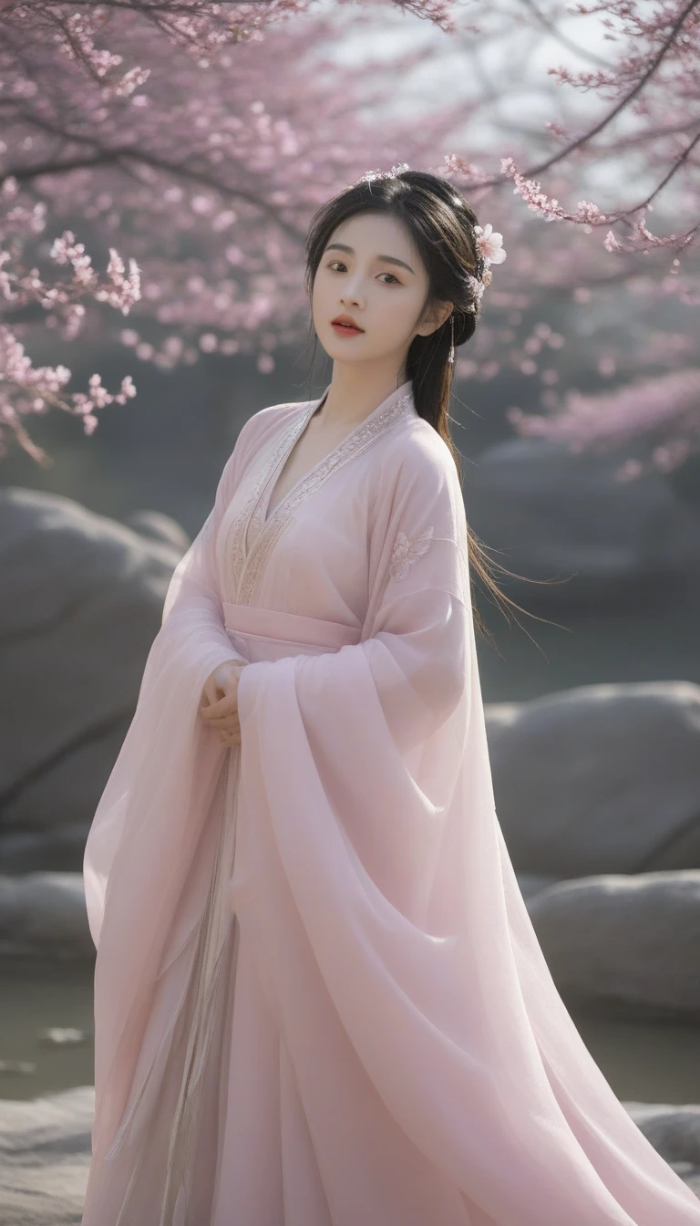 Ultra realistic, Intricate, Epic movie scene),1girl,hanfu,full body,(big tight large breasts), casting an otherworldly radiance on its surroundings,(Intricate, Lots of tiny details, amazing lighting, amazing setting),(Colorful, Ultra Realistic, High quality, Highly detailed, Sharp focus, 8K UHD, Ultra realism,(smile:0.3), ((soft pink nipples)), ((naked)),เห็นหน้าอก
