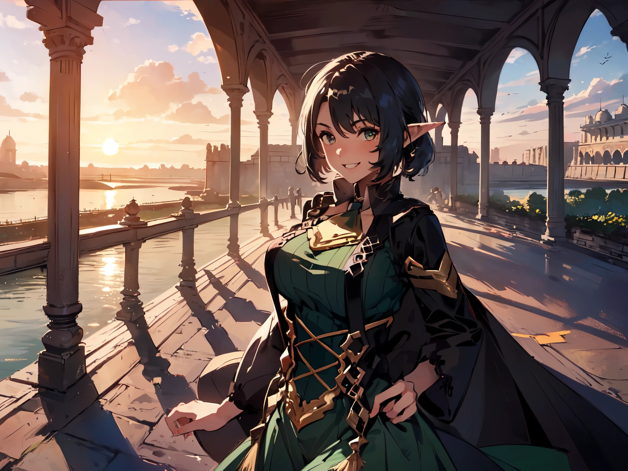 (Solo:2), (1 Female:2), (Very Large Breasts, Elf Ears), (Smiling, Showing Gums, Looking at Camera), (Red Fort Garden), (Sunset), (Focus on Breasts), (Carefully Drawn, Amazing Artwork, Top Quality, High Resolution, 8K, Detailed, Delicate)