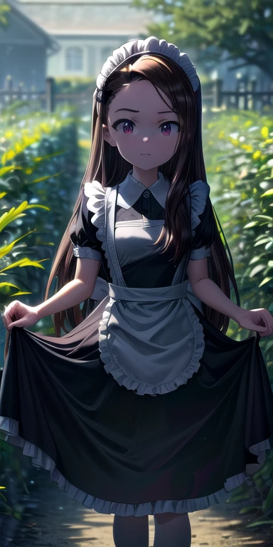 (masterpiece),  top quality , ((( Ultra Detailed, 8K quality))), expressive eyes,  perfect face,  Perfect Anatomy,  perfect body, scene, walnut \(Alcohol backlash\), long hair, black hair band, hair bow,Forehead,  small breasts,Maid, Maid headdress,  black dress, garden,  standing,  skirt hold,