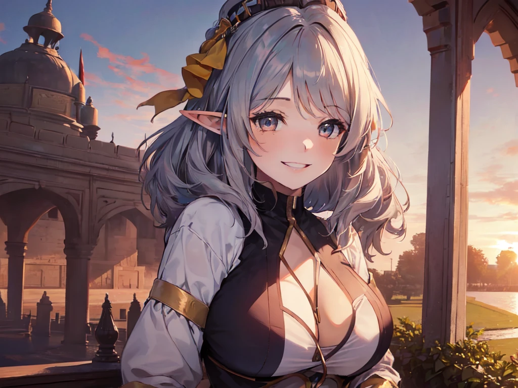 (Solo:2), (1 Female:2), (Very Large Breasts, Elf Ears), (Smiling, Showing Gums, Looking at Camera), (Red Fort Garden), (Sunset), (Focus on Breasts), (Carefully Drawn, Amazing Artwork, Top Quality, High Resolution, 8K, Detailed, Delicate)