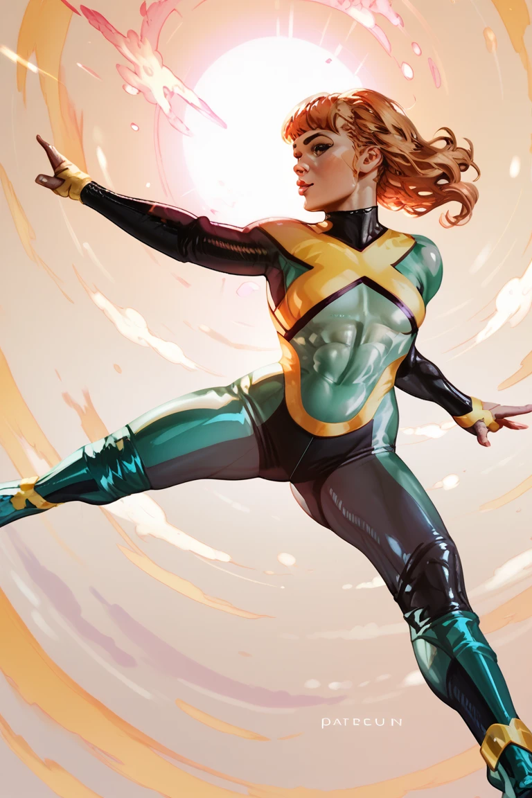 Jean grey, tight suit,flying,detailled abs,athletic body,one hand in her hair