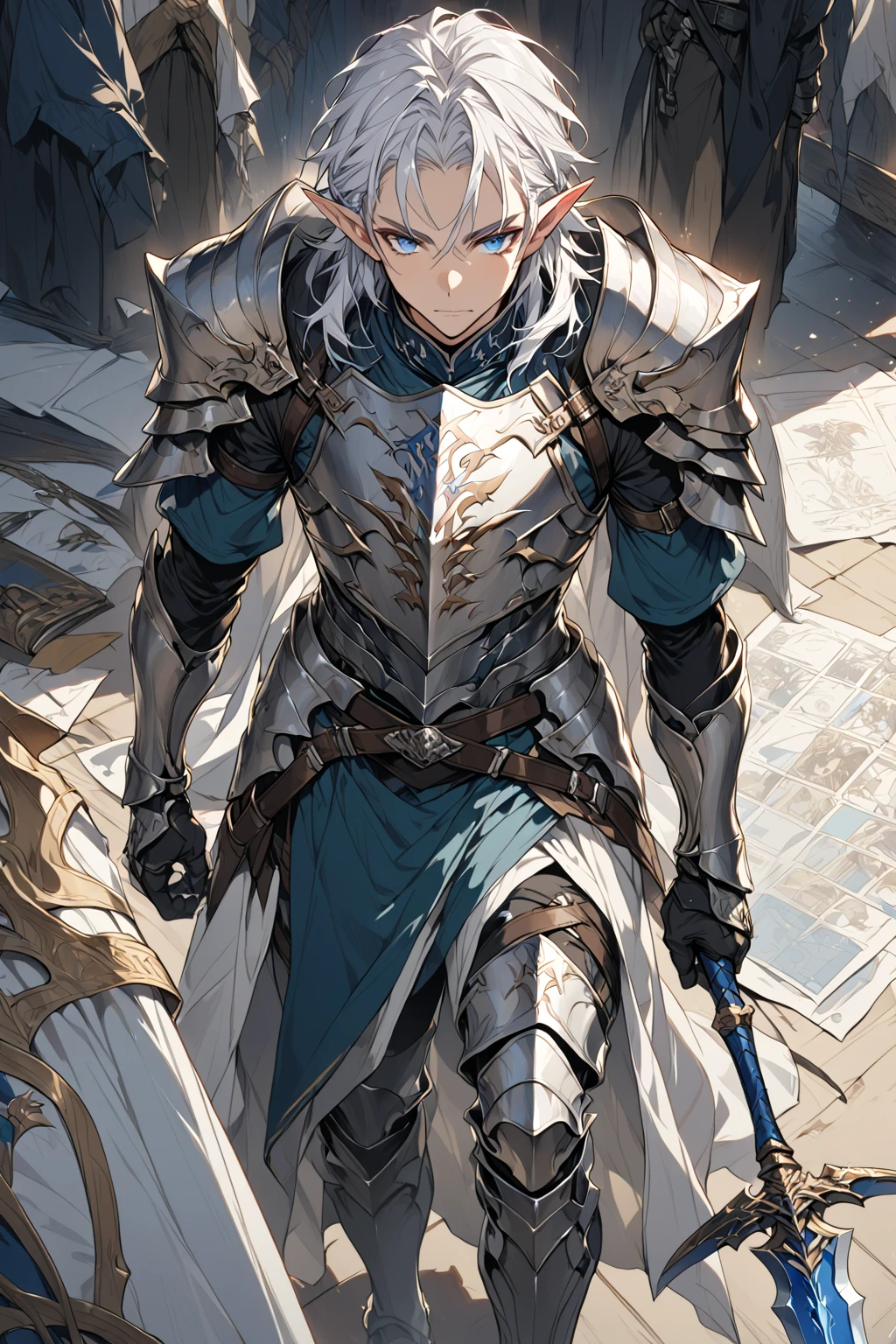 A white-haired male elf who has a blue-eyed centurian sword and a spear on his back who wears armor similar to that of a knight mixed with a thief who shows the character from head to toe and puts on a design sheet