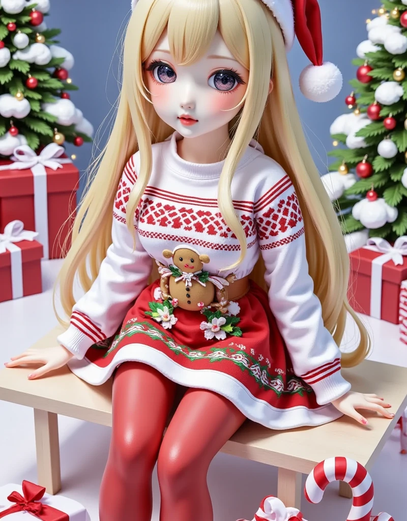 vibrant, colorful illustration, young blonde girl, adorned accessories, bows ribbons, surrounded festive elements, candy canes, strawberries, gingerbread cat, red green patterns, cheerful whimsical, holiday christmas theme,cartoon illustration, Christmas decorations, anime character, other objects, young blonde girl, red and white outfit, gingerbread cookies, cheerful whimsical atmosphere, candy canes, bows and ribbons, holiday decorations, Christmas-themed elements,vibrant festive illustration