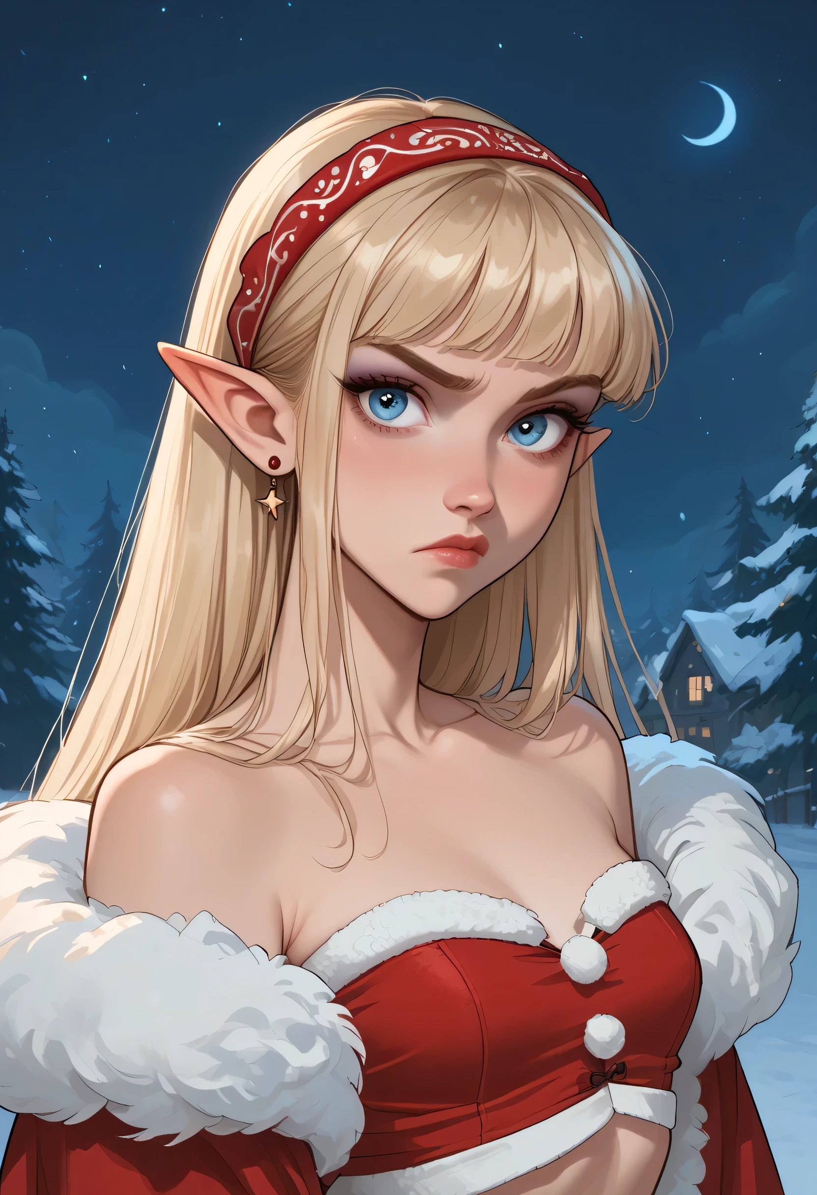 1girl, annoyed expression, (light blue brillant eyes), EARRINGS, pointed ears, rubor, makeup, (Santa Claus cropped top, small breast) BLONDE HAIR, hime cut, looking at viewer, Snow and cold, (Night:1.4), portrait. score_9, score_8_up, score_7_up. 