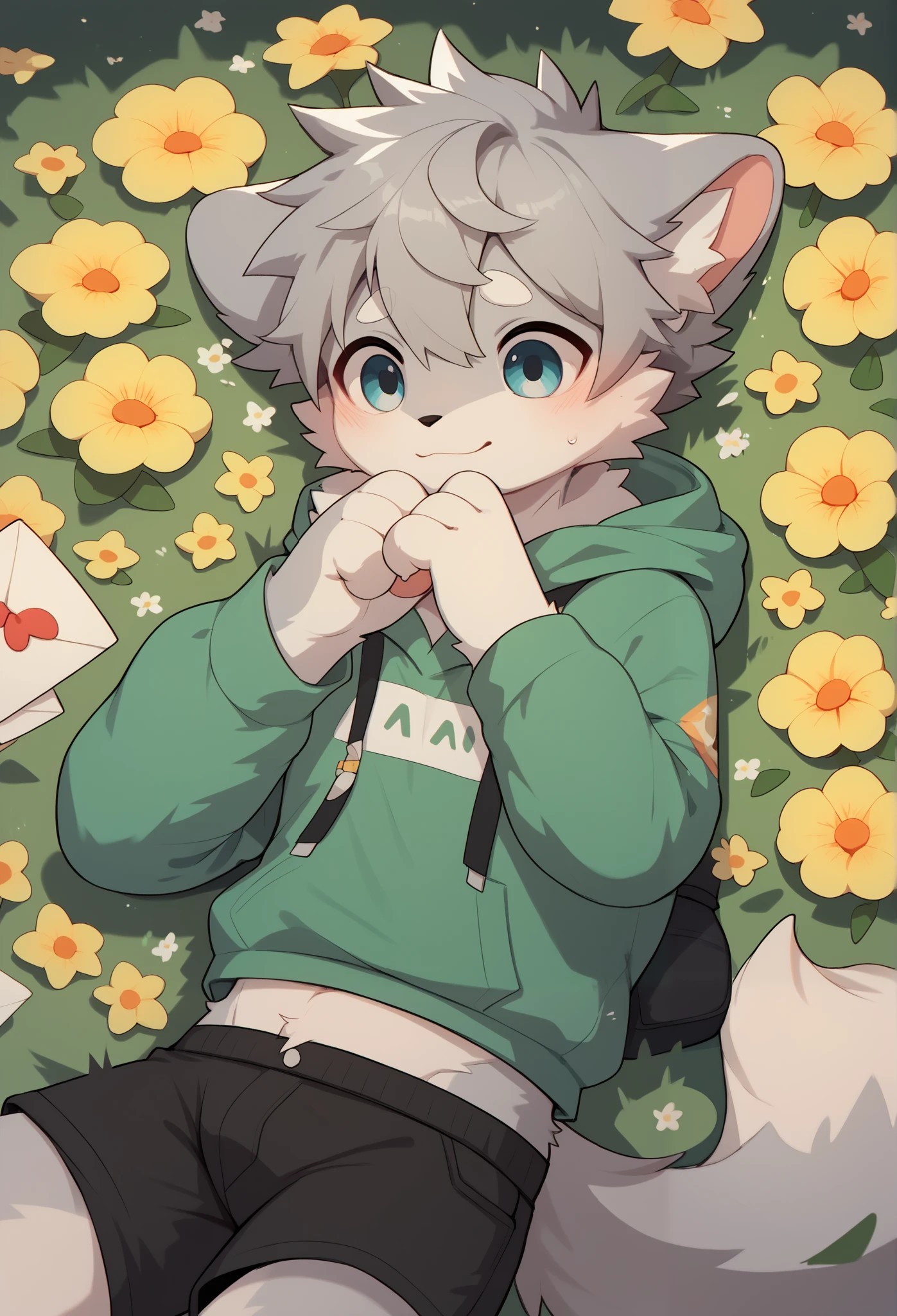 (  sex , gray hair,)  very detailed,  super high res,With flowers, shy ,Deliver the letter, boys, fluffy fur  ,participate, cute face, rucksack,No friends,  shorts,  Green Hoodie  ,