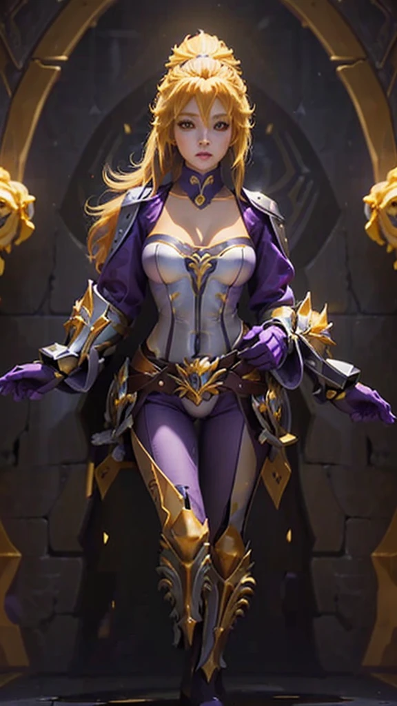 FannyMLBB, 1girl, solo, long hair, blonde hair, gloves, long sleeves, cleavage, hair between eyes, brown eyes, medium breasts, ponytail, ahoge, ((golden Lion head belt)), fingerless gloves, armor, grey eyes, ((purple and white bodysuit)), ((golden Lion head shoulder armor)), gauntlets, ((Stormwind City Harbor))