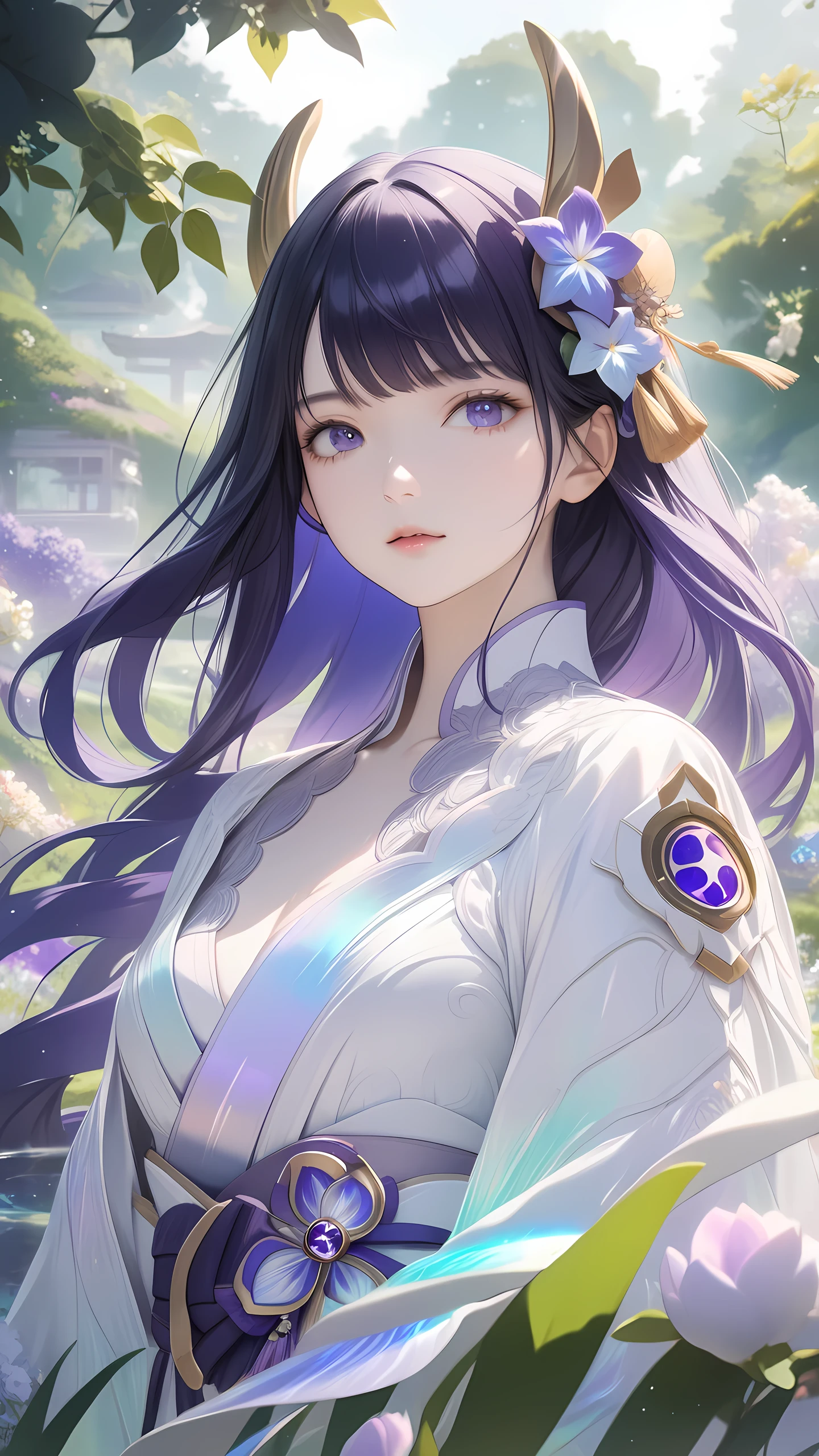 1girl, raiden shogun \(genshin impact \),white dress, iridescent color,  horns, upper body,outdoors, garden, flower, on grass, looking at viewer, (masterpiece), (best quality), (ultra-detailed), very aesthetic, illustration, perfect composition, moist skin, intricate details, mysterious, fantasy,