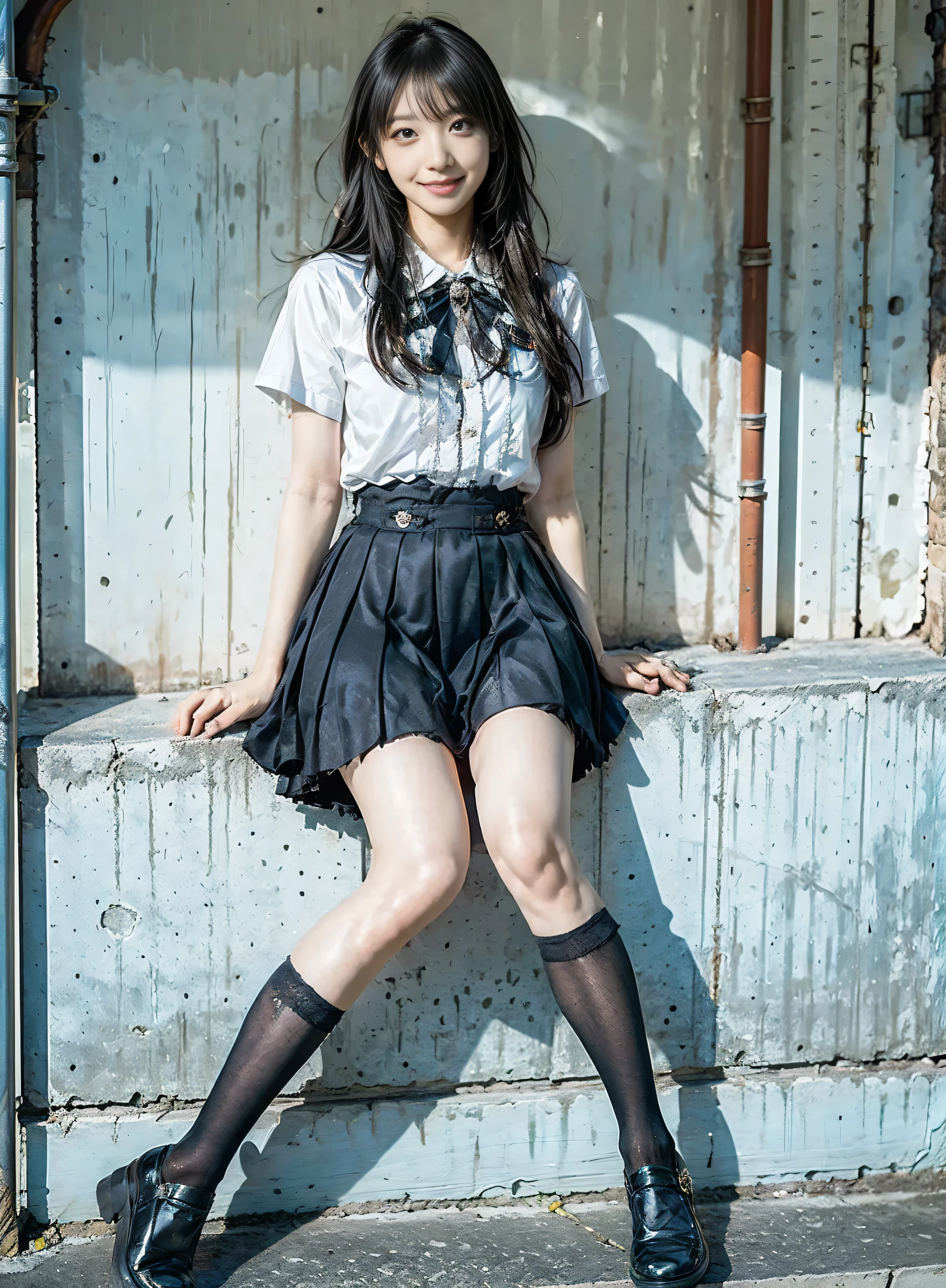 arafed asian woman in a skirt and a white shirt posing for a picture, japanese school uniform, japanese girl school uniform, wearing japanese school uniform, young gravure idol, realistic young gravure idol, young pretty gravure idol, Seifuku, cute schoolgirl, young skinny gravure idol, japanese model, jk uniform, beautiful anime high school girl, smile, wear black thigh high socks, Wear loafers,  video ,  long foot,  slender , whole body,  long black hair straight,