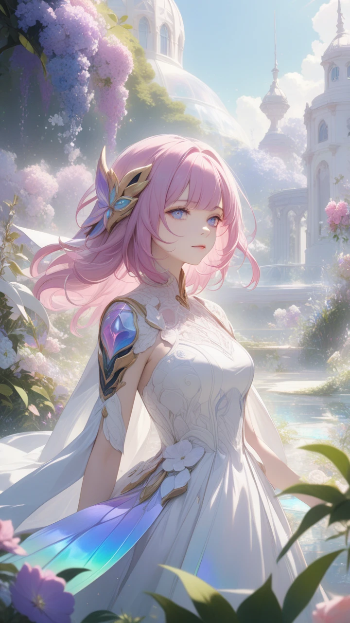 1girl, Elysia \(honkai impact \),white dress, iridescent color,  pink hair, upper body,outdoors, garden, flower, on grass, looking at viewer, (masterpiece), (best quality), (ultra-detailed), very aesthetic, illustration, perfect composition, moist skin, intricate details, mysterious, fantasy,