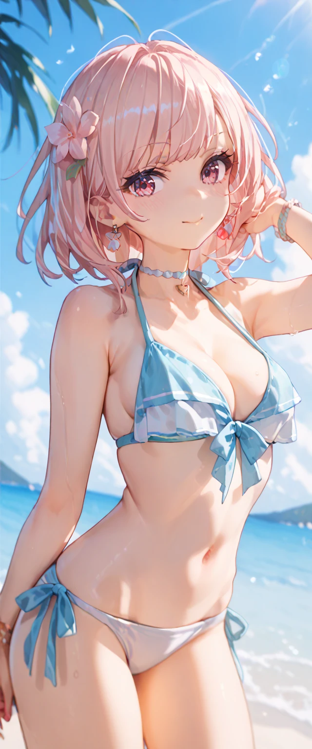 Short pink hair，No bangs，Bigchest，Turquoise yellow skinny children's clothing，Tall, Muscular man woman，There are no exposed parts of the body，loli face，It still looks milky white，A ferocious one, Lovely and gentle feeling