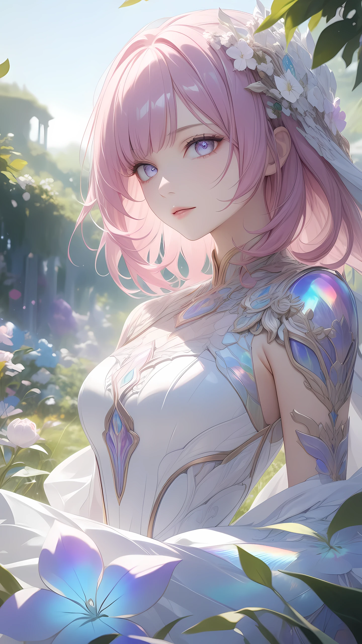 1girl, Elysia \(honkai impact \),white dress, iridescent color,  pink hair, upper body,outdoors, garden, flower, on grass, looking at viewer, (masterpiece), (best quality), (ultra-detailed), very aesthetic, illustration, perfect composition, moist skin, intricate details, mysterious, fantasy,