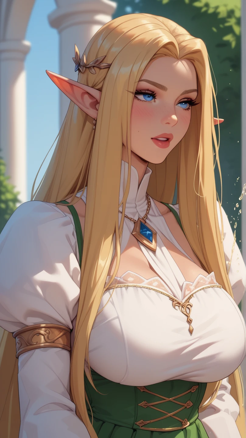 Elf Girl, Middle Ages, Wear a deep V-neck dress,  Big Bust,  long blonde hair , Pissing 