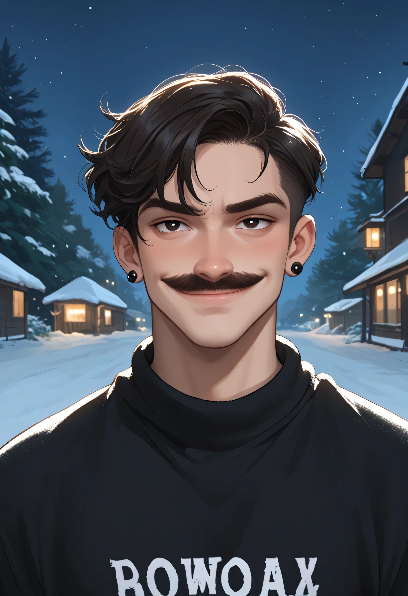 1men, drunk smile, drunk attitude, (black dark eyes), EARRINGS, (dark black Crew Cut Short Hairstyle, thin mustache), (oversized black sweatshirt) looking at viewer, Snow and cold, (Night:1.4), portrait. score_9, score_8_up, score_7_up. 