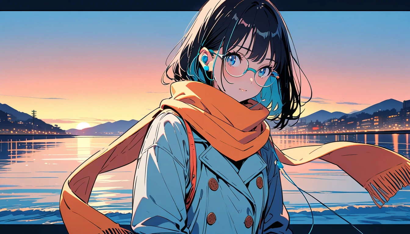 (( black hair)),((Pale Color)),masterpiece, ((( coat and scarf pulling elbows ))),(Pinch the muffler)、(stroll),((Earphones)),Highest quality, Beautiful attention to detail, Very detailed, In detail, High resolution, Perfect Anatomy, , , Girl, (one person:1.5), alone, (Glasses), (The face is bright), (((evening ocean background))), lonely expression、 Background, (City Pop anime),  Kyoto Animation, ,anime, 