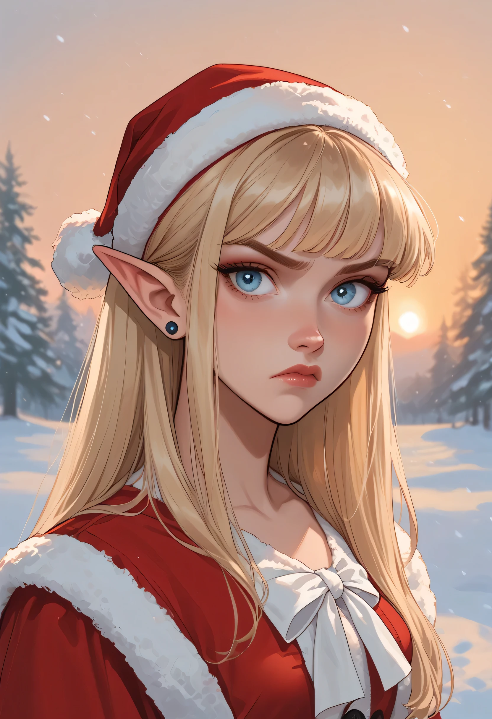 1girl, annoyed expression, (light blue brillant eyes), EARRINGS, pointed ears, rubor, makeup, (Santa Claus cropped top, small breast) BLONDE HAIR, hime cut, looking at viewer, Snow and cold, (Sunset:1.4), portrait. score_9, score_8_up, score_7_up. 