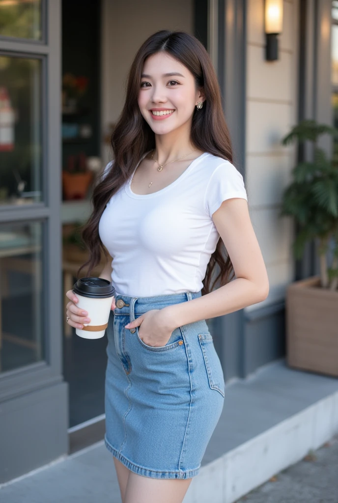  Long Natural Brown Hair, Age 22 years, slender,  medium breasts,  Smirk,  Wearing a white round neck T-shirt with short sleeves, Short pencil blue denim skirt  , Random pose , Standing posture,  Moonlight , Daylight  ,  Place Outside Cafe,Mobile Coffee Mug ,