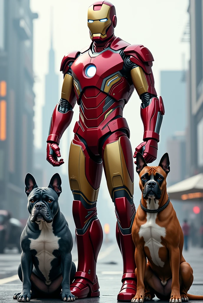 Ironman standing beside a big dangerous black dog, dog wear ironman's costume and Ironman holding dog collar, dog open his mouth for biting