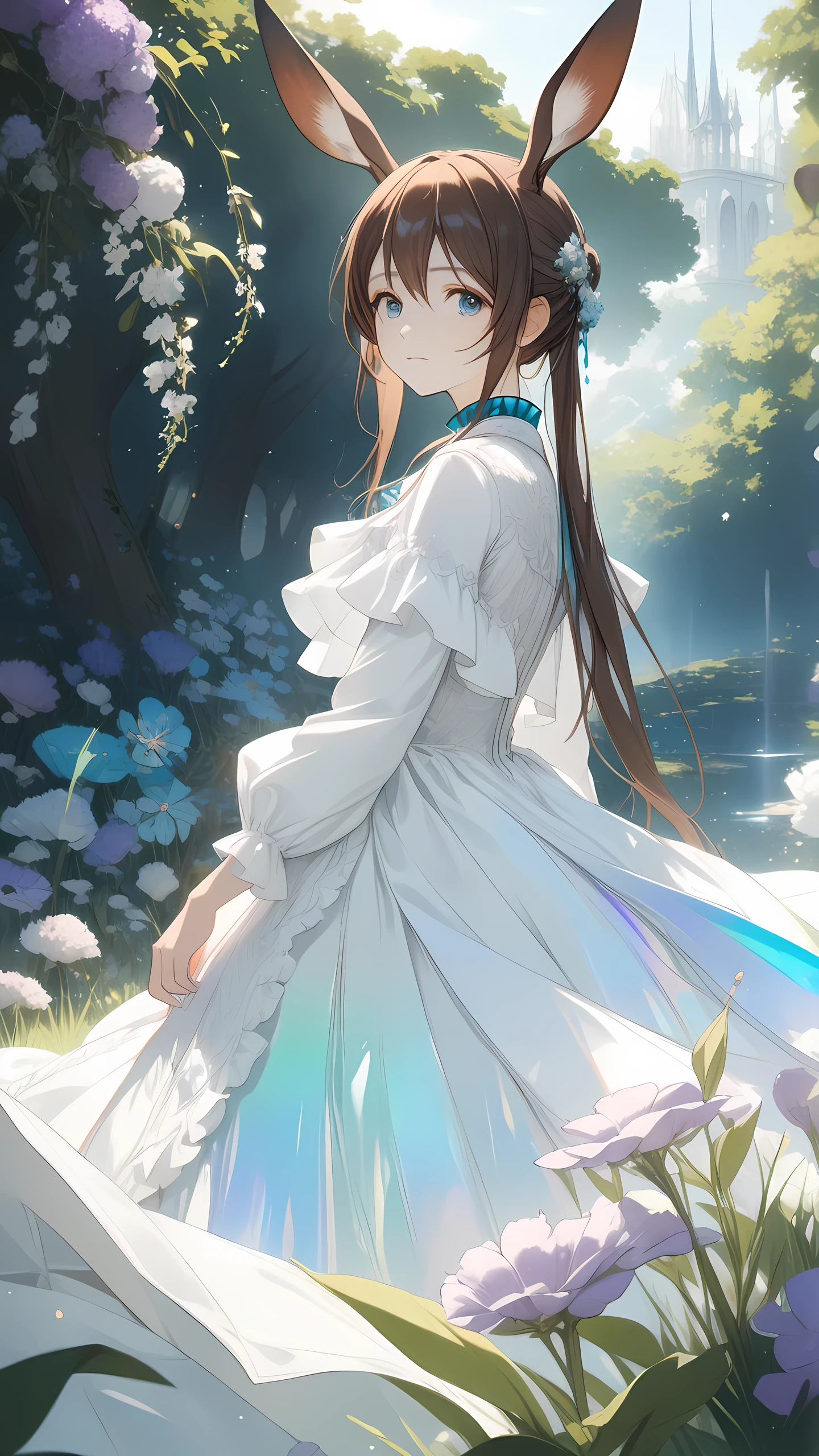 1girl, amiya \(arknights \),white dress, iridescent color,  bunnyears, upper body,outdoors, garden, flower, on grass, looking at viewer, (masterpiece), (best quality), (ultra-detailed), very aesthetic, illustration, perfect composition, moist skin, intricate details, mysterious, fantasy,