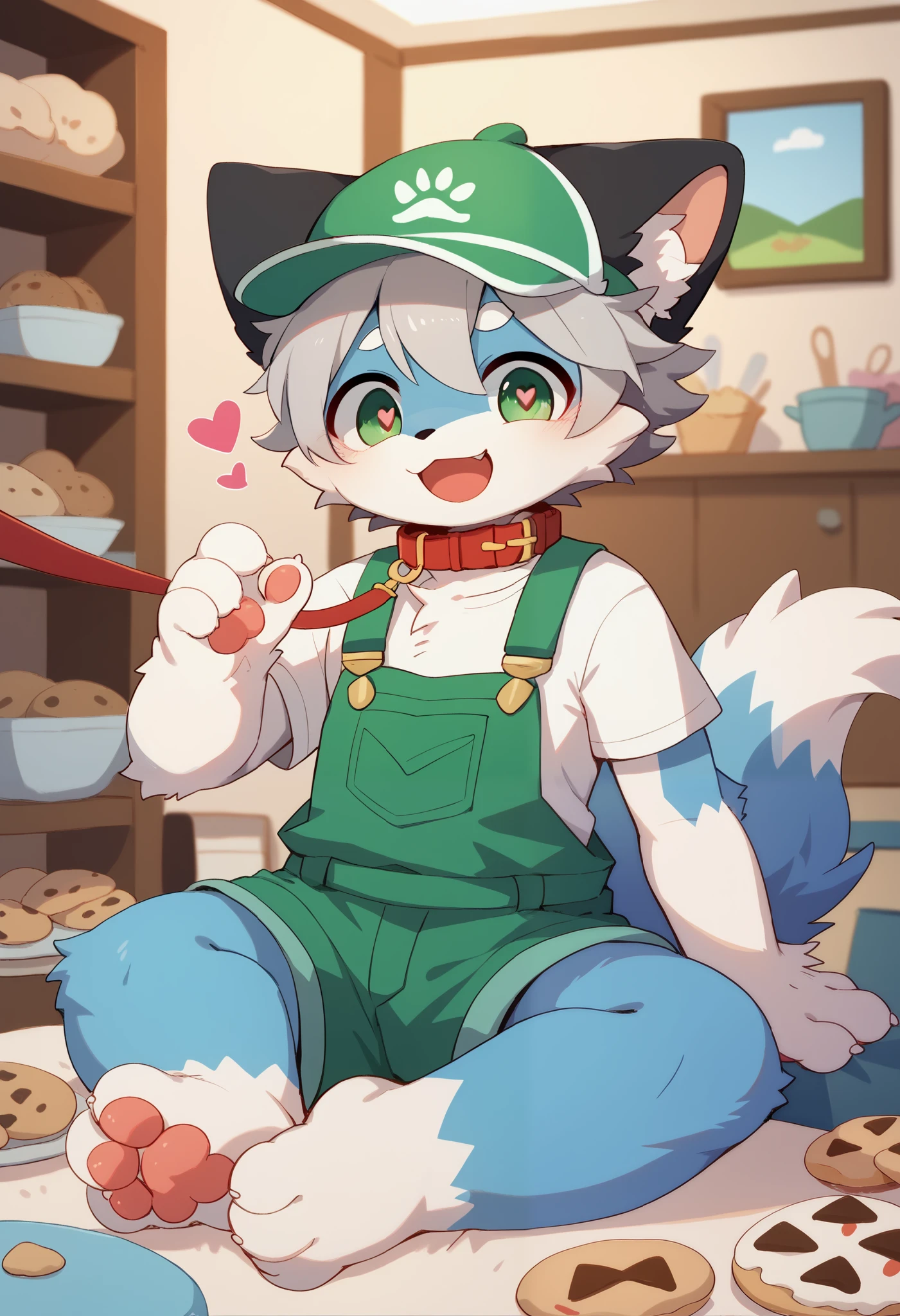  very detailedな, very detailed, Blue Fur Gray Hair ,Brown Hair,,male,骨 を見てExcited,Heart Eyes,participate,Thypnosis,brainwashing,Pets, green white and colored hat, cute face,Sitting！,Connect the collar and leash,,black ears ,Fur for a  boy, fluffy fur like one,Excited,Horny boy,Beautiful room, 's room ,naked,Eat cookies,Smiling face,green overalls,White T-shirt,Alone,Dropped ears, my mental age is  ,Want