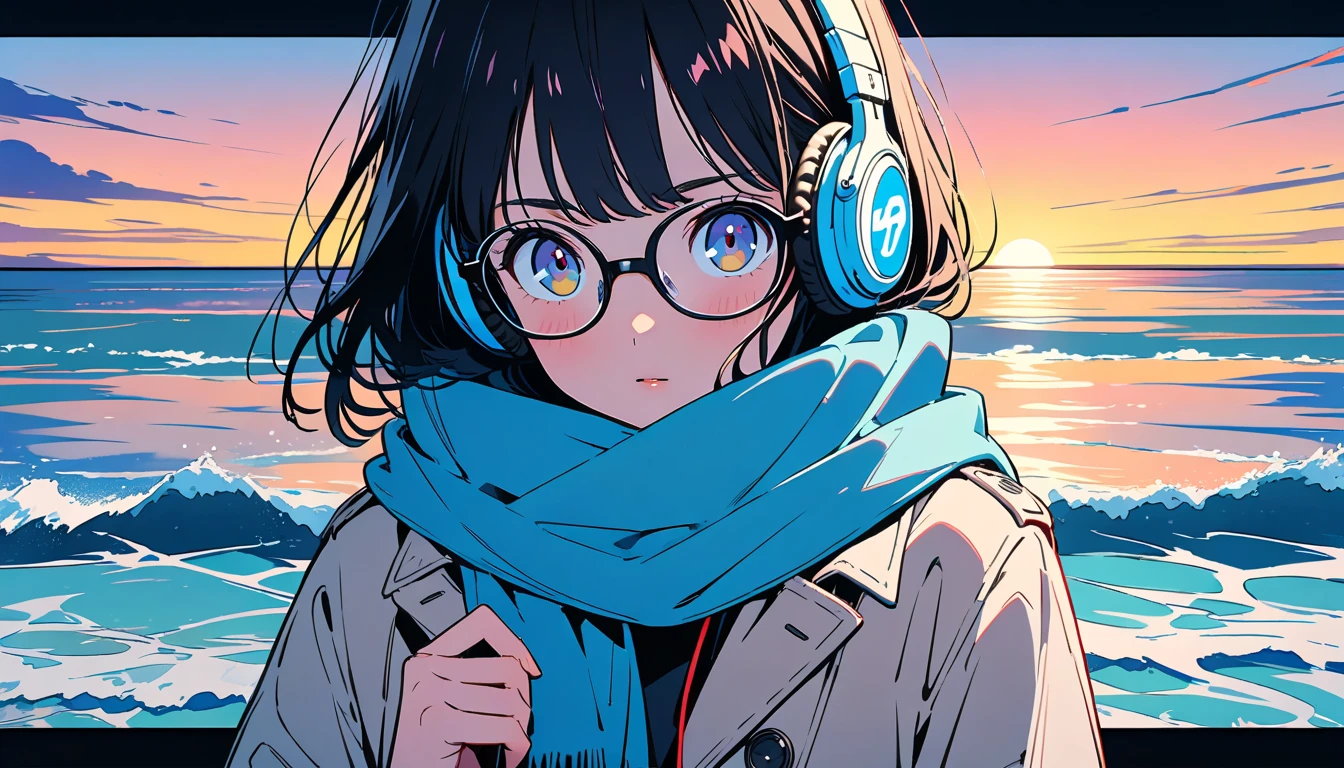 (( black hair)),((Pale Color)),masterpiece, ((( coat and scarf pulling elbows ))),(Pinch the muffler)、(stroll),(( headphones)),Highest quality, Beautiful attention to detail, Very detailed, In detail, High resolution, Perfect Anatomy, , , Girl, (one person:1.5), alone, (Glasses), (The face is bright), (((evening ocean background))), lonely expression、 Background, (City Pop anime),  Kyoto Animation, ,anime, 