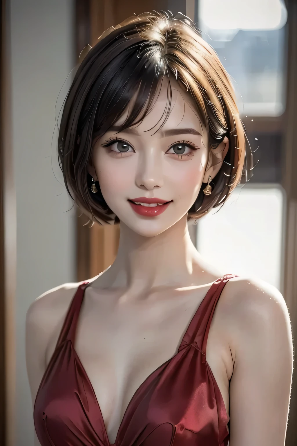 (1.  beautiful women,  supermodel ), (    perfect anatomy ), ((  cowboy shot )), Golden Ratio, (top quality:1.4), 32k resolution, (  realistic    :1.5), High resolution UHD, (masterpiece :1.2)), (Improved quality:1.4), (  Very Beautiful Face Details  ), ( smile), (Top quality), ((red Silk Dress decorated with detailed pattern :1.37)),  earrings,   necklace, (Big Breasts:1.3), (thigh), Accurate Fingers, Very detailed, beautiful eyes,   double eyelids ,   eyelash  , Shaping your eyebrows, (( Very detailed)),   red cheeks  , Ultra-   realistic    eyes, Perfect Lips,     perfect eyes,   Natural Cosmetics  , [  Pink Lipstick], (( Commitment to quality   :1.2)), (  beautiful lips:1.33), (Great nose:1.2), (Big Breasts),   brunette pixie cut, ((  realistic  )), (( Sharp Focus )), (   highest resolution), ((  high image quality)), ((masterpiece)),   Professional Cinema Lighting 