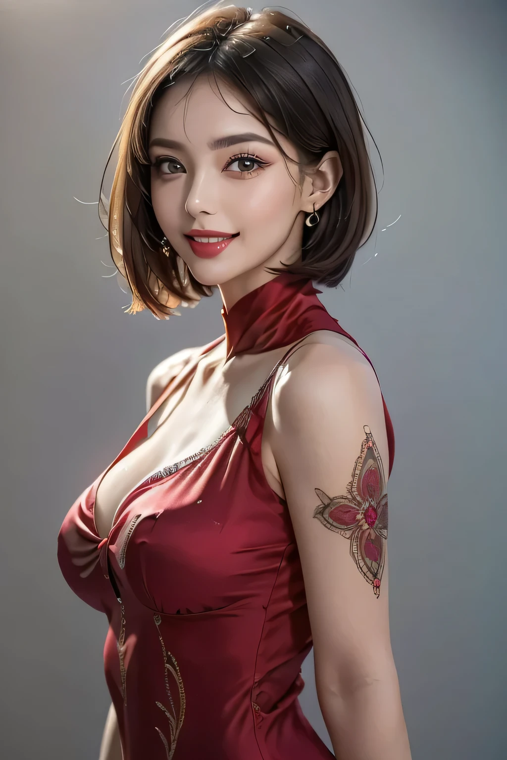 (1.  beautiful women,  supermodel ), (    perfect anatomy ), ((  cowboy shot )), Golden Ratio, (top quality:1.4), 32k resolution, (  realistic    :1.5), High resolution UHD, (masterpiece :1.2)), (Improved quality:1.4), (  Very Beautiful Face Details  ), ( smile), (Top quality), ((red Silk Dress decorated with detailed pattern :1.37)),  earrings,   necklace, (Big Breasts:1.3), (thigh), Accurate Fingers, Very detailed, beautiful eyes,   double eyelids ,   eyelash  , Shaping your eyebrows, (( Very detailed)),   red cheeks  , Ultra-   realistic    eyes, Perfect Lips,     perfect eyes,   Natural Cosmetics  , [  Pink Lipstick], (( Commitment to quality   :1.2)), (  beautiful lips:1.33), (Great nose:1.2), (Big Breasts),   brunette pixie cut, ((  realistic  )), (( Sharp Focus )), (   highest resolution), ((  high image quality)), ((masterpiece)),   Professional Cinema Lighting 