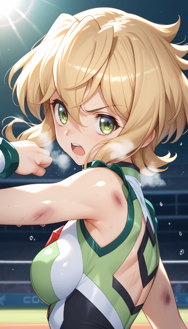  top quality ,  soft light during the cruise,  super high res, cute, Beautiful face in every detail , high resolution details of human skin texture, shiny skin,sweat,Heat, white breath ,Take a deep breath,Akatsuki Song,Blonde,Short Hair, battle costume,Outdoor Arena,sunlight, serious eyes,Ready,Big eyes, Symphogear ,armed gear , open mouth ,Fighting pose,bruised body