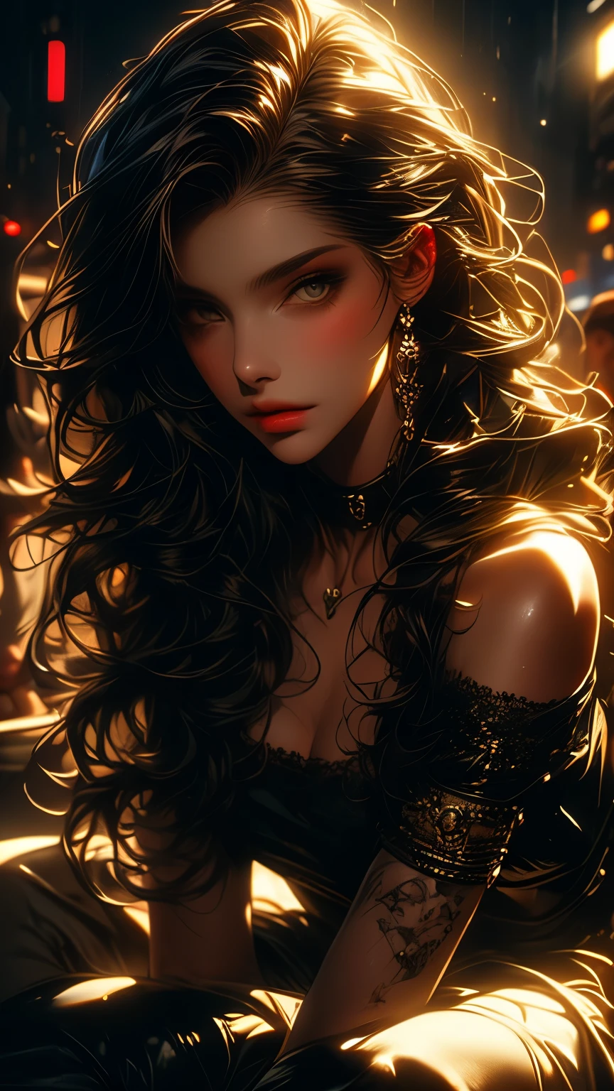 Shania Twain:0.5, Avril Lavigne0.7, ((Wallpaper that combines anime and cartoons into a single artwork)), ((16K Resolution), (Super Detail), (High Quality), (Masterpiece: 1.2)). A solo romantic girl, fair-skinned, with long black hair and an intense expression. Piercing eyes and bold red lipstick. a European-inspired face, big eyes, (detailed and reflective eyes, detailed pupil, long eyelashes), exuberant smile, incredibly detailed face, vibrant random hair, colored eyes, delicate and textured skin, (perfect skin), realistic and white skin, charming smile, luscious lips with subtle gloss, Dressed in romantic attire that reflects a dark aesthetic: a vintage black dress with lace and ruffles. Ethereal beauty, elegant costumes, graceful poses and unwavering focus. It creates a striking and intriguing image. In a mysterious setting, a feeling of isolation. The background features romantic elements. Flowers blooming in the garden. The atmosphere is exciting, hyper-realistic. ((Field depth)), Distinct and impactful visual composition. Contrast between light and dark tones. Detailed and sharp background, Ultra-detailed CG, Professional art, Vibrant appearance, Raw photo, Very detailed illustration, Complex background, HDR: 1.5, Intricate details: 1.1, Natural colors, Splendid lighting effects, Dramatic light, Lighting cinematic, Dynamic three-dimensional lighting, Bold paint lines, Cell shading, Soft and muted colors. Majestic Vision Wallpaper, Dramatic Photo: 1.4, Cinematic, Epic and Surrealist Anime, Detailed Digital Artwork, High Quality Art Style, Award Winning. Vibrant, high-quality soft anime tones.