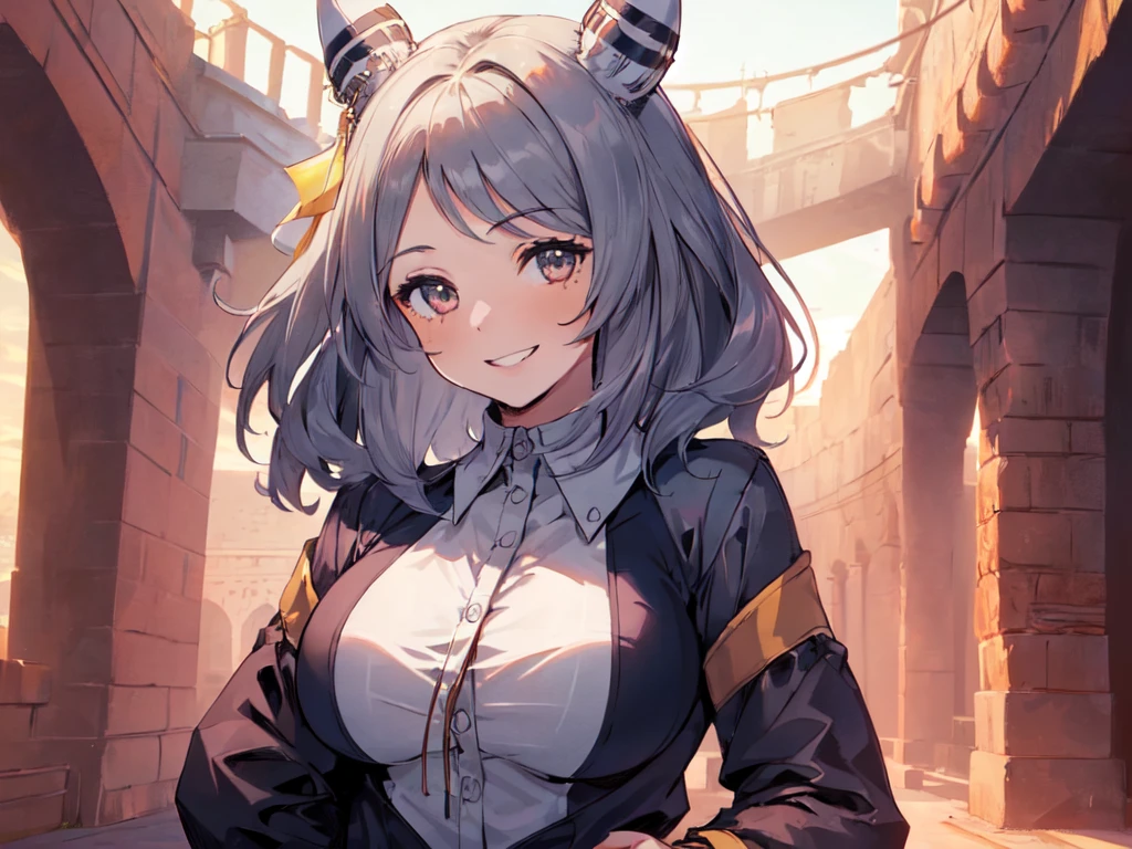 (Solo:2), (1 Female:2), (Very Large Breasts, Horse Ears), (Smiling, Showing Gums, Looking at Camera), (Red Fort Gardens), (Sunset), (Focus on Breasts), (Carefully Drawn, Amazing Artwork, Top Quality, High Resolution, 8K, Detailed, Delicate)