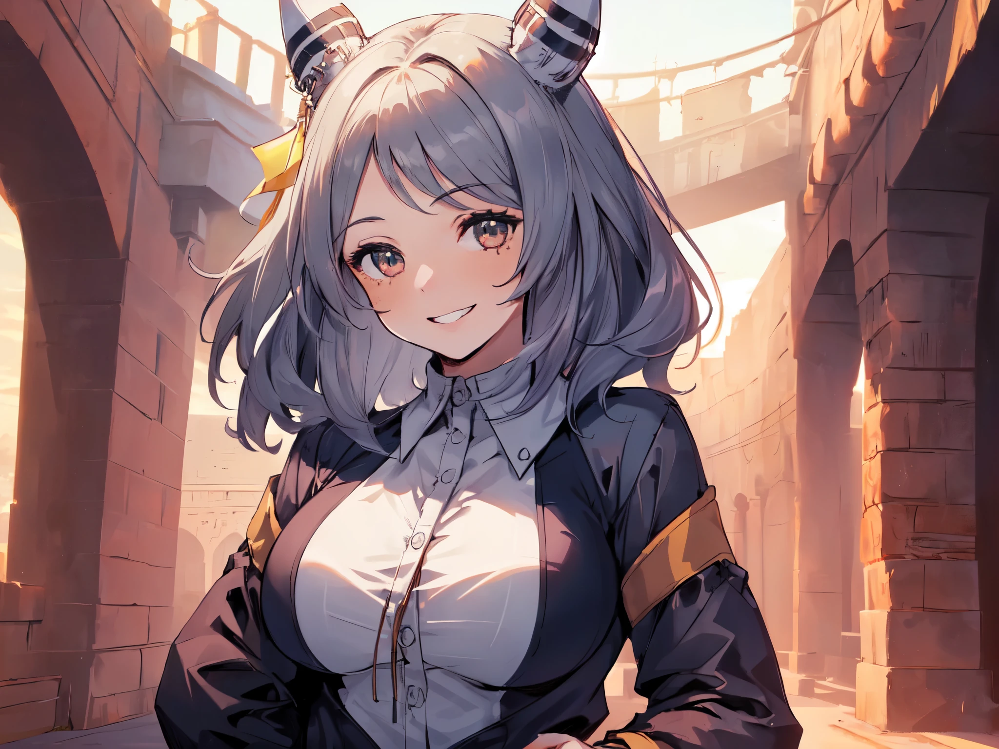 (Solo:2), (1 Female:2), (Very Large Breasts, Horse Ears), (Smiling, Showing Gums, Looking at Camera), (Red Fort Gardens), (Sunset), (Focus on Breasts), (Carefully Drawn, Amazing Artwork, Top Quality, High Resolution, 8K, Detailed, Delicate)