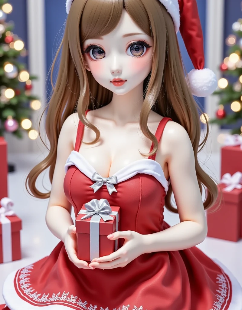 A youthful Asian woman with a round face and shoulder-length, wavy chestnut hair that adds a warm touch to her appearance. Her eyes are a soft, honey brown. She's dressed in a Santa costume with a sweetheart neckline and a short, puffy skirt, the red fabric adorned with white fur trim. A Santa hat with a silver star is perched on her head. She places a gift between her breasts, her hands on her chest, the cleavage holding the gift with a playful innocence. The camera captures her from a slightly lower angle, focusing on her upper body and the gift in her cleavage.