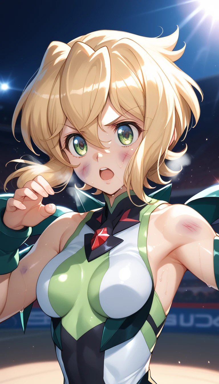  top quality ,  soft light during the cruise,  super high res, cute, Beautiful face in every detail , high resolution details of human skin texture, shiny skin,sweat,Heat, white breath ,Take a deep breath,Akatsuki Song,Blonde,Short Hair, battle costume,Outdoor Arena,sunlight, serious eyes,Ready,Big eyes, Symphogear ,armed gear , open mouth ,Fighting pose,bruised body