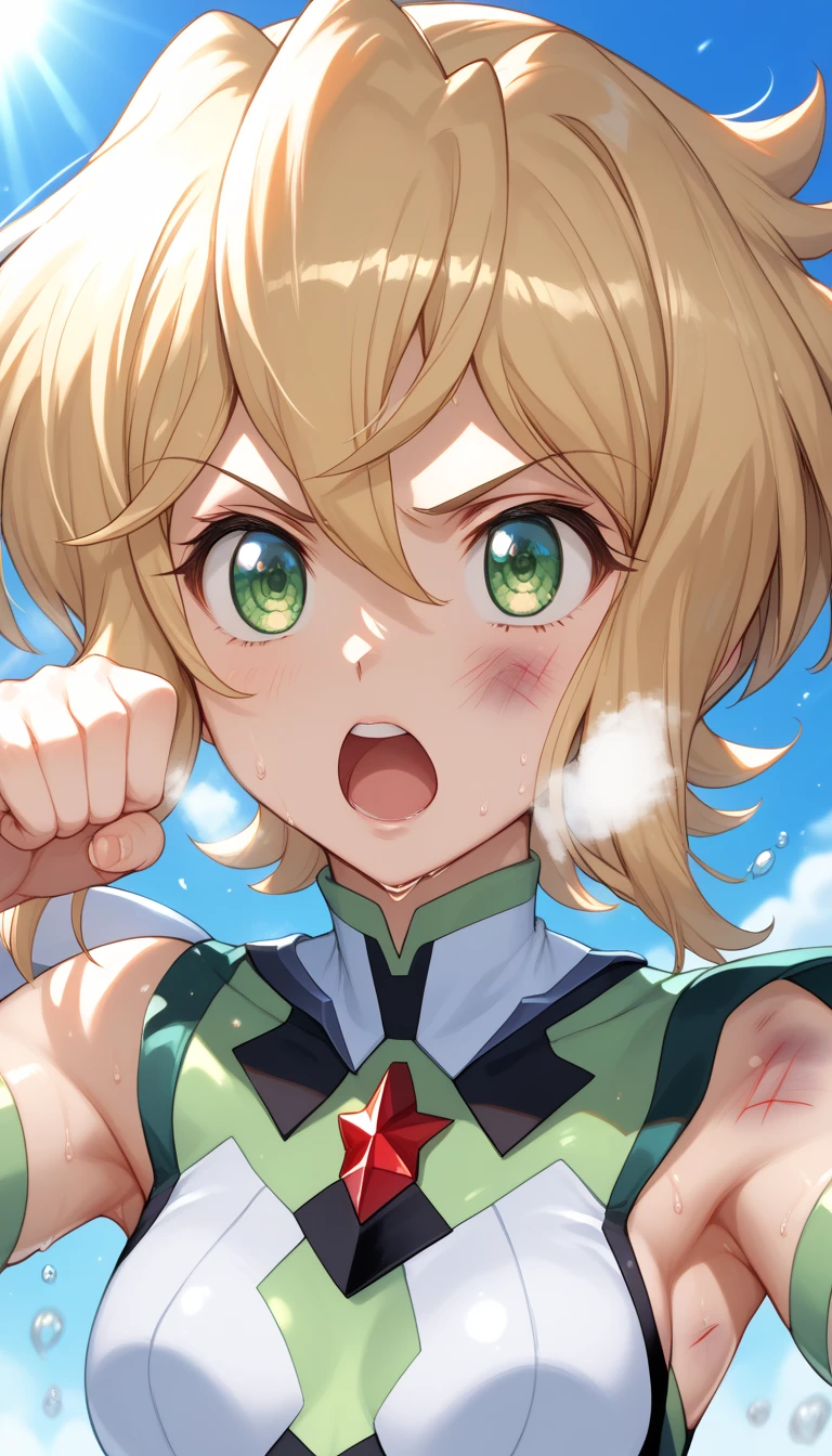  top quality ,  soft light during the cruise,  super high res, cute, Beautiful face in every detail , high resolution details of human skin texture, shiny skin,sweat,Heat, white breath ,Take a deep breath,Akatsuki Song,Blonde,Short Hair, battle costume,Outdoor Arena,sunlight, serious eyes,Ready,Big eyes, Symphogear ,armed gear , open mouth ,Fighting pose,bruised body