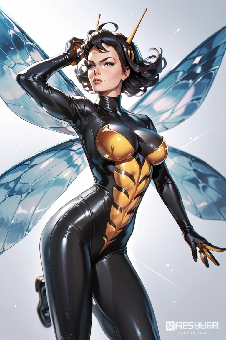 The wasp, classic black suit, tight suit,detailled abs,big breast