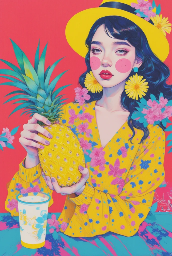 there is a コラージュ of a woman with a pineapple on a table, Pop Art Paintings  , Tumbler, futuristic,  colourful magazine collage,a contemporary artistic コラージュ,  Japanese 1 9 8 0's Album Cover ,  Postmodern Paintings ,  cut up collage 