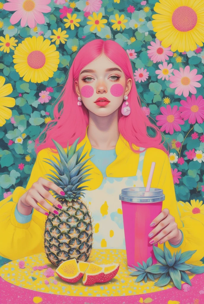 there is a コラージュ of a woman with a pineapple on a table, Pop Art Paintings  , Tumbler, futuristic,  colourful magazine collage,a contemporary artistic コラージュ,  Japanese 1 9 8 0's Album Cover ,  Postmodern Paintings ,  cut up collage 