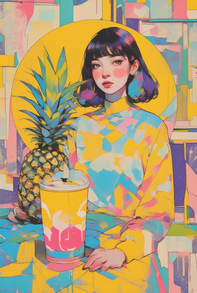 there is a コラージュ of a woman with a pineapple on a table, Pop Art Paintings  , Tumbler, futuristic,  colourful magazine collage,a contemporary artistic コラージュ,  Japanese 1 9 8 0's Album Cover ,  Postmodern Paintings ,  cut up collage 