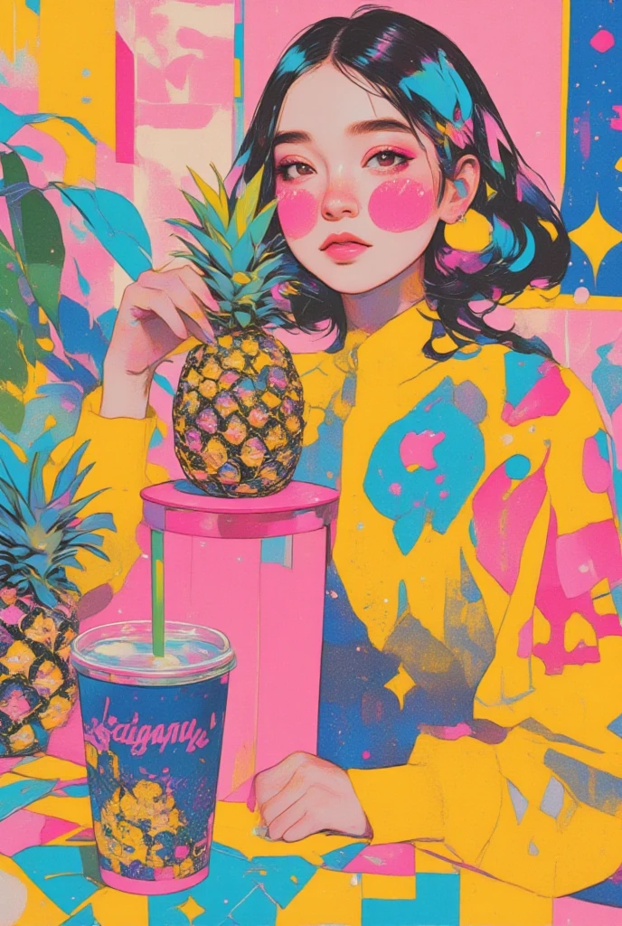 there is a コラージュ of a woman with a pineapple on a table, Pop Art Paintings  , Tumbler, futuristic,  colourful magazine collage,a contemporary artistic コラージュ,  Japanese 1 9 8 0's Album Cover ,  Postmodern Paintings ,  cut up collage 