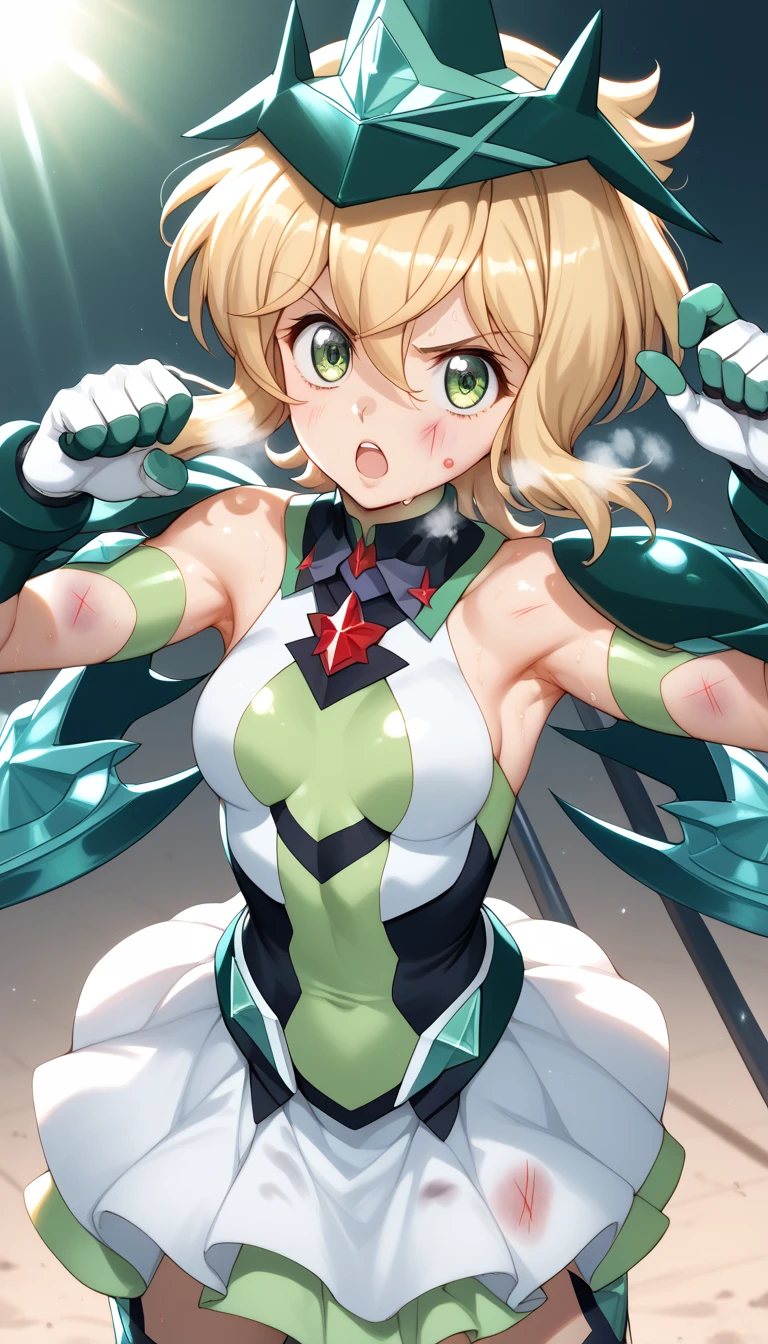  top quality ,  soft light during the cruise,  super high res, cute, Beautiful face in every detail , high resolution details of human skin texture, shiny skin,sweat,Heat, white breath ,Take a deep breath,Akatsuki Song,Blonde,Short Hair, battle costume,Outdoor Arena,sunlight, serious eyes,Ready,Big eyes, Symphogear ,armed gear , open mouth ,Fighting pose,bruised body, has a scythe, wearing a hat