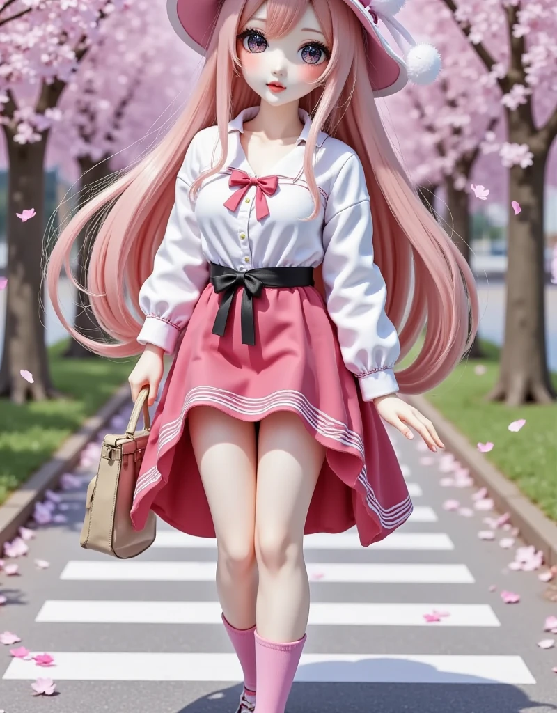 1girl, solo, long hair, looking at viewer, skirt, shirt, long sleeves, hat, holding, twintails, very long hair, standing, full body, white shirt, pink hair, flower, outdoors, shoes, socks, pink eyes, bag, arm up, tree, black headwear, shadow, standing on one leg, cherry blossoms, pink skirt, walking, road, pink theme, spring \(season\), crosswalk, pink socks, hatsune miku, sakura miku , eye trail,backlighting,depth of field,cinematic lighting,light particles,lens flare, (artist:quasarcake:0.8),extreme aesthetic,(wlop:0.6),honjou honjou raita,lack,rella,wanke, raita,lack,rella,wanke,masterpiece,best quality,good quality,newest,year 2024,year 2023,very aesthetic,absurdres,Visual impact,A shot with tension, ultra-high resolution,32K UHD,sharp focus,best quality,masterpiece,Emotionalization,unconventional supreme masterpiece,masterful details,temperate atmosphere,with a high end texture,in the style of fashion photography, (Visual impact:1.2),giving the poster a dynamic and visually striking appearance,impactful picture,offcial art,colorful,splash of color,movie perspective, masterpiece,best quality,amazing quality,very aesthetic,absurdres,best quality,newest,crossed legs,as ghost mode,gylm