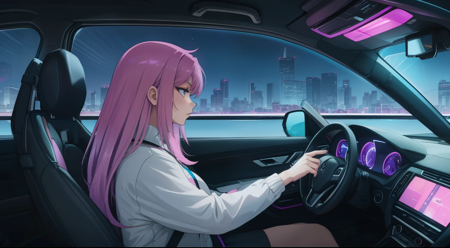 "An anime-style woman with purple hair and pink highlights, sitting in the driver's seat of a car at night. The perspective is from the passenger side, showing her side profile as she looks out of the window with a melancholic and calm expression. The car interior is dimly lit with soft neon purple accents, and the background outside the car window displays a futuristic urban cityscape under a starry sky. She is wearing casual, modern clothing, and her hands rest gently on the steering wheel. The overall atmosphere is reflective and tranquil."