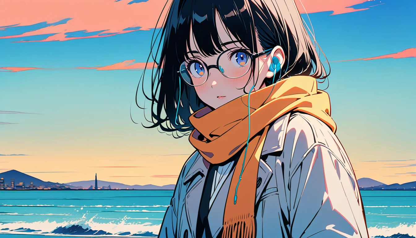 (( black hair)),((Pale Color)),masterpiece, ((( coat and scarf pulling elbows ))),(Pinch the muffler)、(stroll),((Earphones)),Highest quality, Beautiful attention to detail, Very detailed, In detail, High resolution, Perfect Anatomy, , , Girl, (one person:1.5), alone, (Glasses), (The face is bright), (((evening ocean background))), lonely expression、 Background, (City Pop anime),  Kyoto Animation, ,anime, 