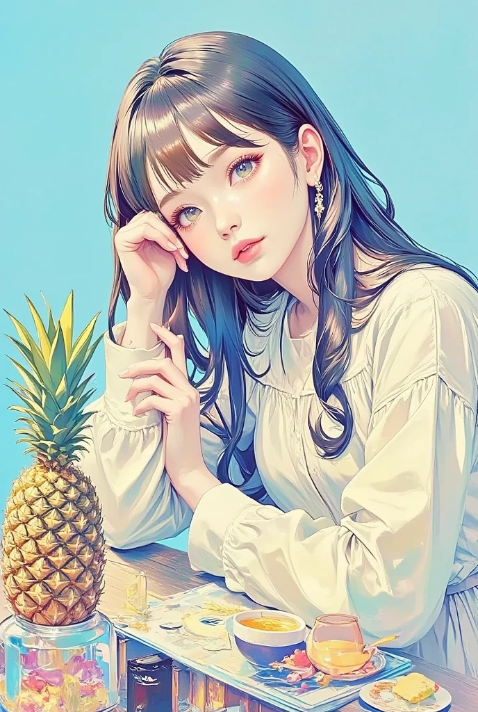 there is a コラージュ of a woman with a pineapple on a table, Pop Art Paintings  , Tumbler, futuristic,  colourful magazine collage,a contemporary artistic コラージュ,  Japanese 1 9 8 0's Album Cover ,  Postmodern Paintings ,  cut up collage 