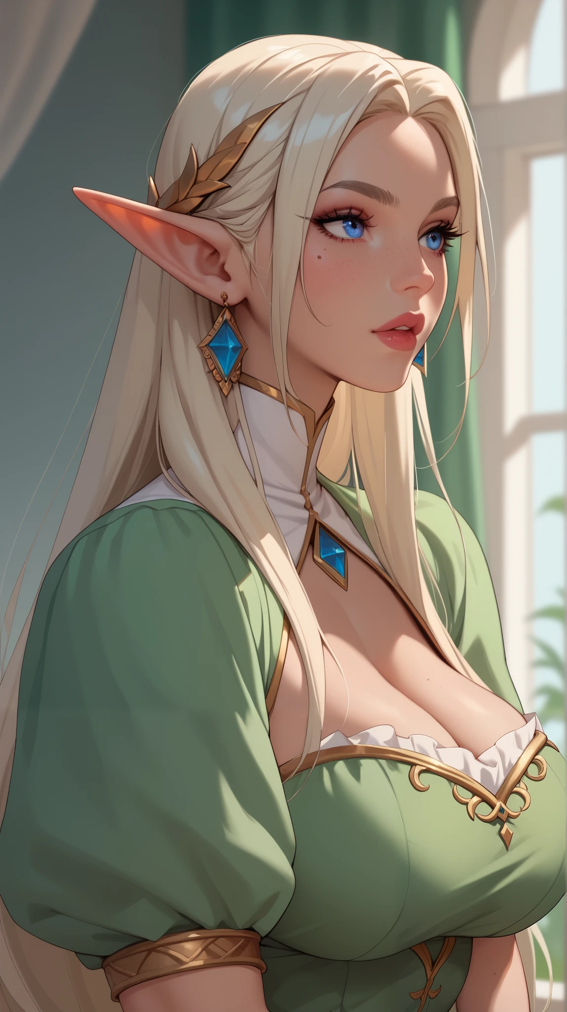 Elf Girl, Middle Ages, Wear a deep V-neck dress,  Big Bust