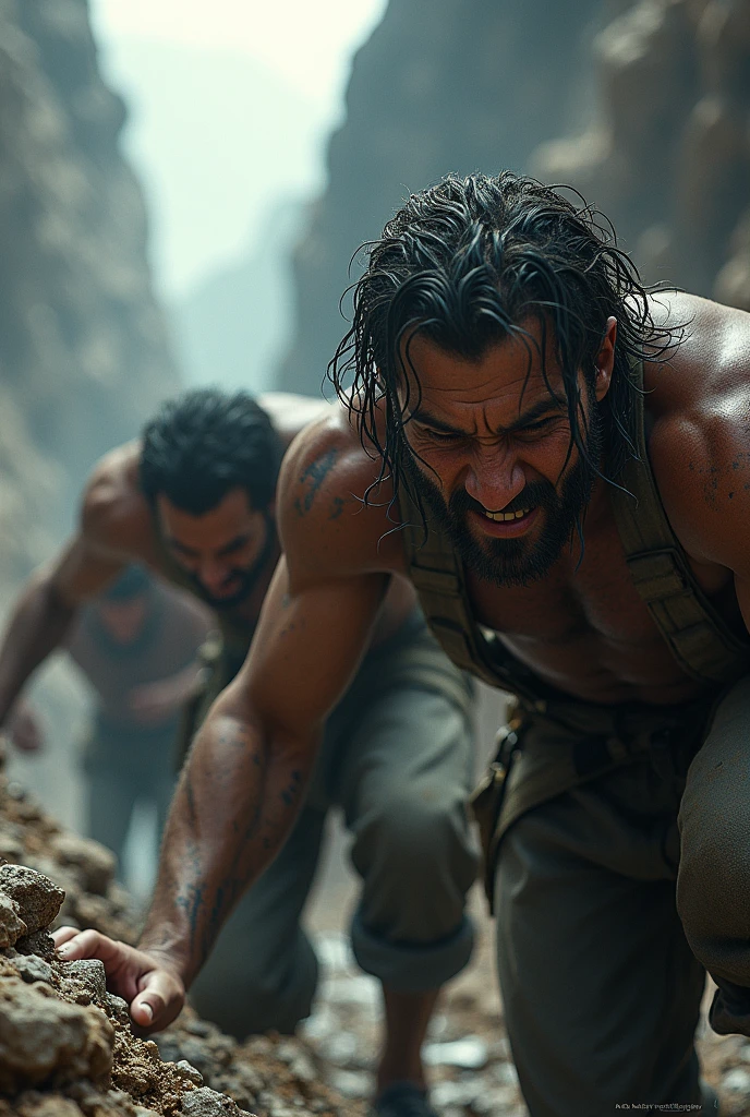 "Vividly describe a scene of a group of men in the desert with the scorching sun from biblical times in which a group of Hebrew men are gathered together with much anger and hatred, their facial expressions full of anger and hatred, much hatred, Highlight the details such as the furrowed wrinkles on their foreheads, the piercing gazes, and the clenched fists, while the tension in the air is palpable. Capture the intensity of the moment, including visual elements that reinforce the emotionality and historical context of the