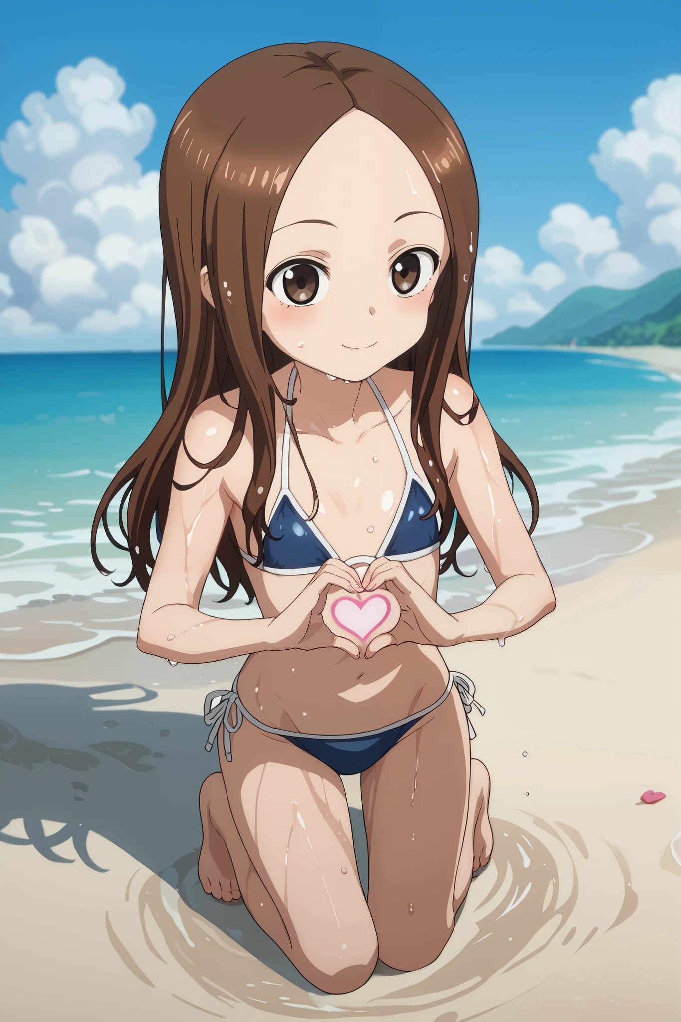 best quality,high resolution
anime screencap, score_9, score_8_ up, score_7_ up,  Source_Anime Takagi-san  ,  One girl ,  long hair, Brown Hair, Flat chest
 One girl , full body
sky bikini,beach, sommer,wet,heart hands