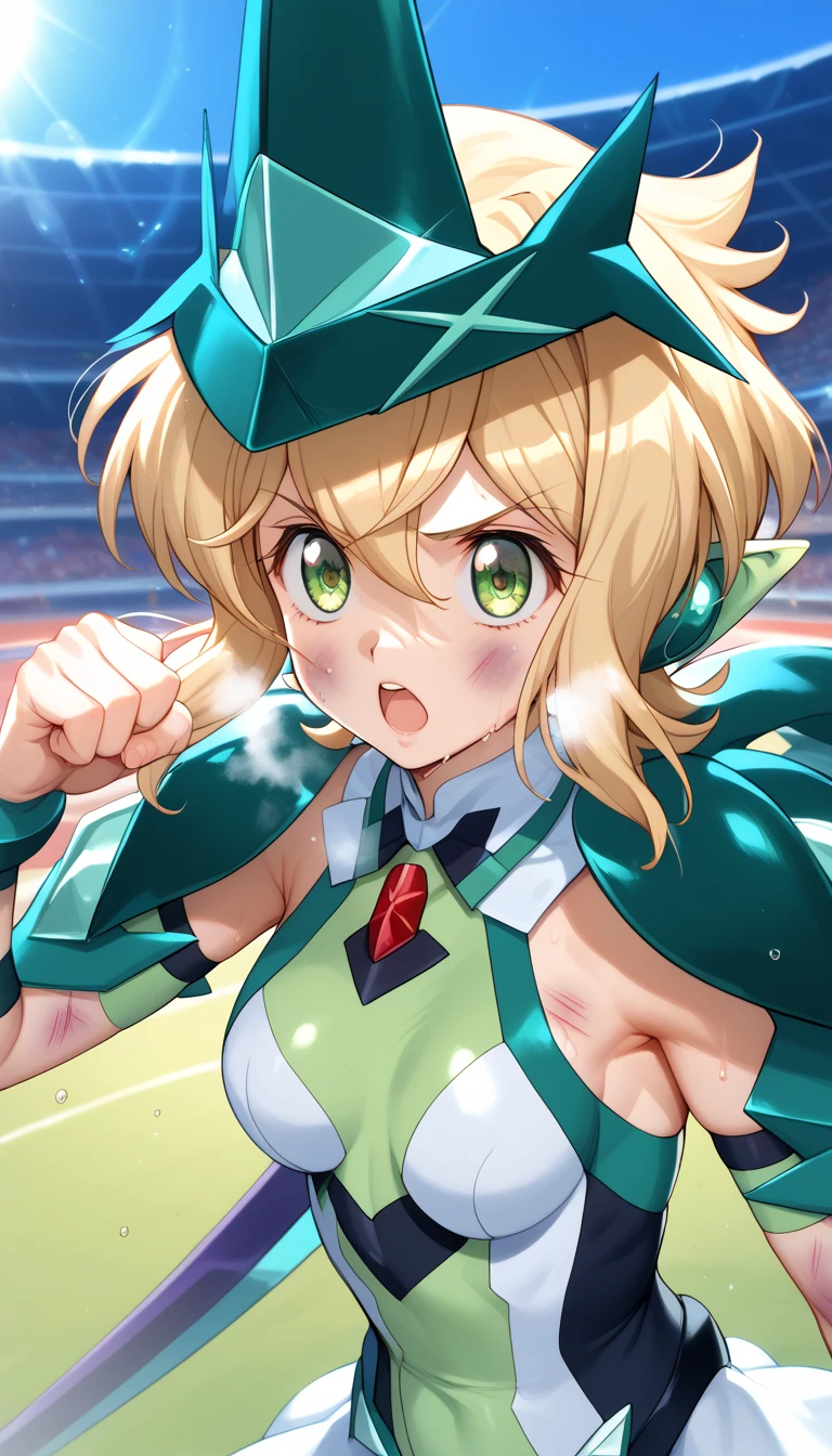  top quality ,  soft light during the cruise,  super high res, cute, Beautiful face in every detail , high resolution details of human skin texture, shiny skin,sweat,Heat, white breath ,Take a deep breath,Akatsuki Song,Blonde,Short Hair, battle costume,Outdoor Arena,sunlight, serious eyes,Ready,Big eyes, Symphogear ,armed gear , open mouth ,Fighting pose,bruised body, has a scythe, wearing a hat